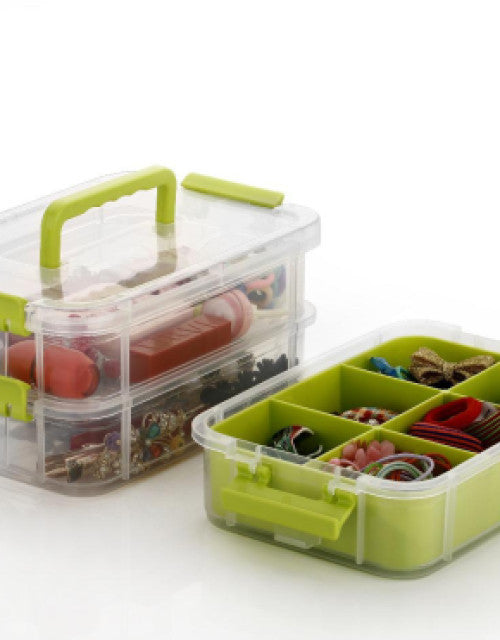 2 Layer Stack & Carry Box,Transparent Rectangular Multi Utility Detachable