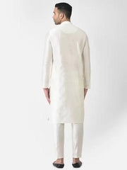 AHBABI Men's Solid Dupion Silk Kurta Pyjama Set Off White