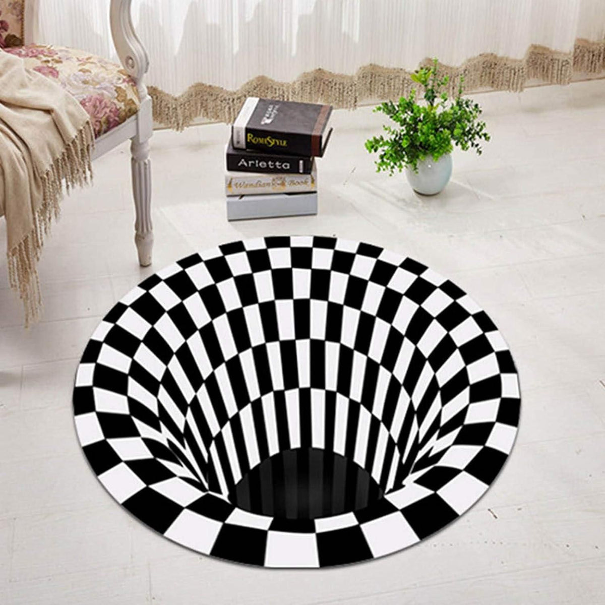 Black & White Checks Round 3D Printed Carpet