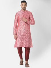 AHBABI Men's Printed Dupion Silk Kurta Pyjama Set Pink-Red