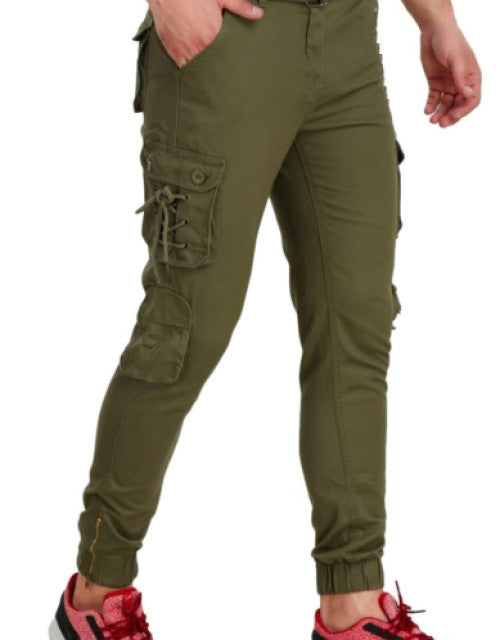 Stylish Green Cotton Solid Cargos For Men